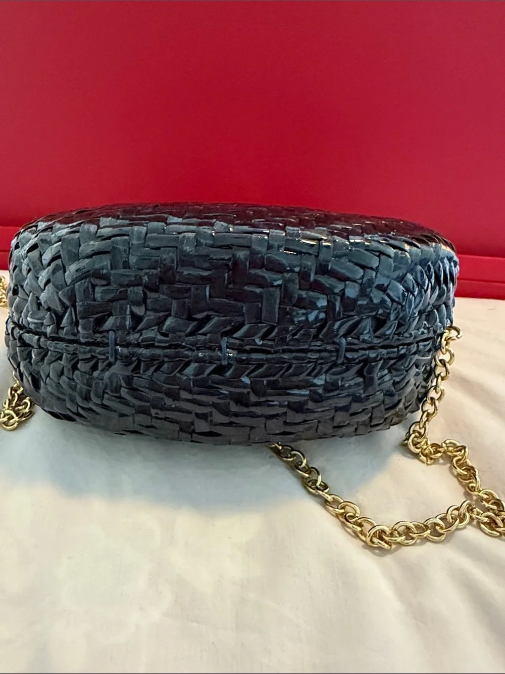 Vanessa Woven Wicker Black Crossbody Bag with Gold Chain